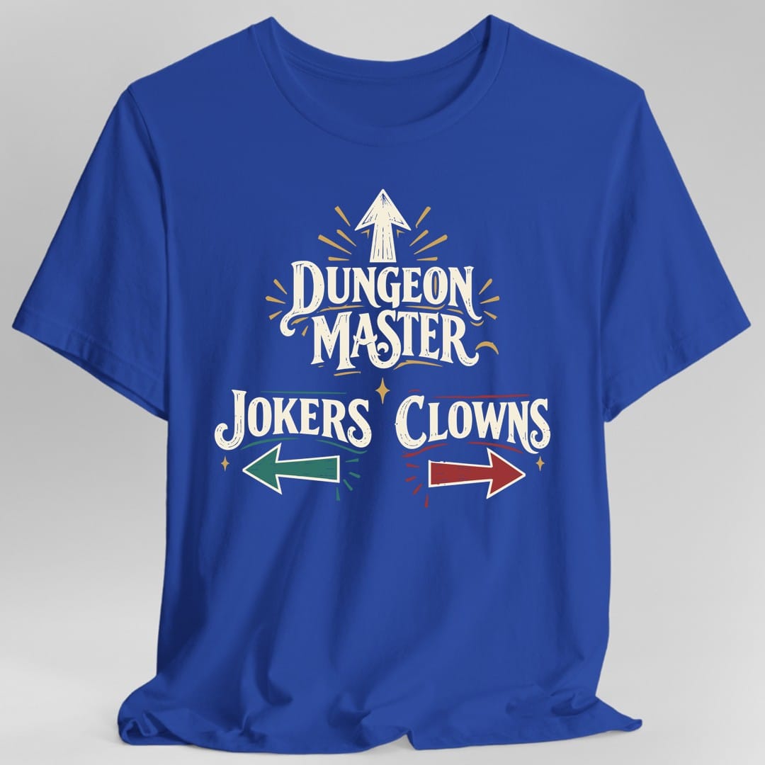 The same Dungeon Master Clowns and Jokers design, on a royal t-shirt.