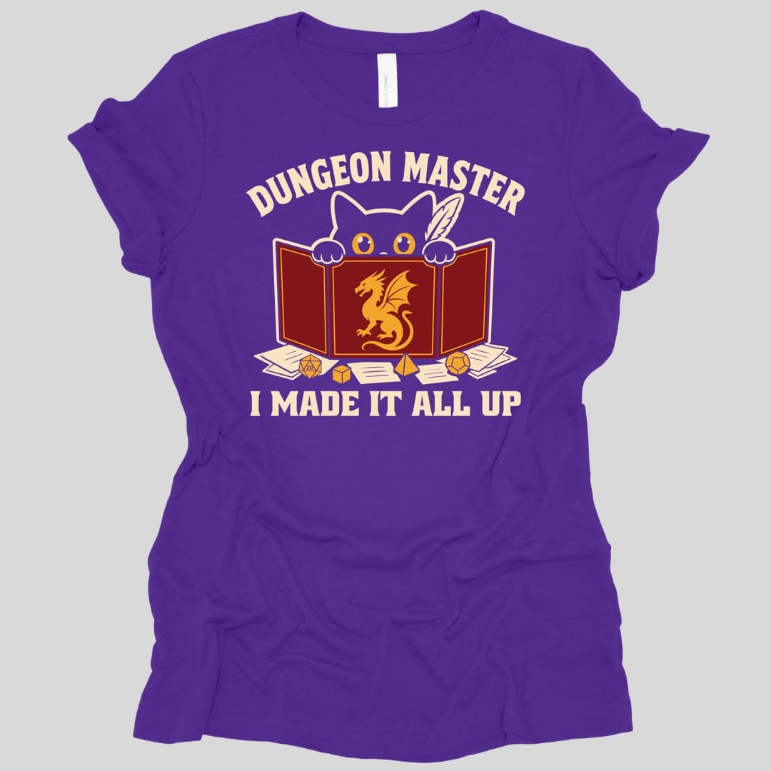 The same Dungeon Master cat behind screen design, on a team purple women's t-shirt.