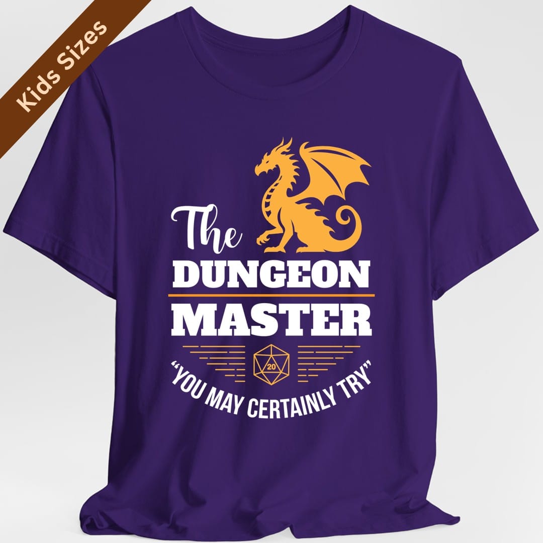The same Dungeon Master dragon design, on a purple kids t-shirt.