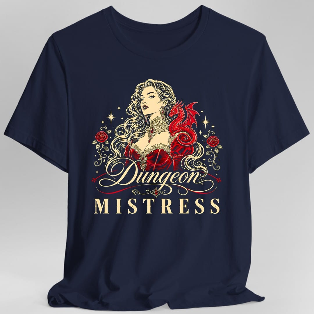 The same Dungeon Mistress design, on a navy t-shirt.