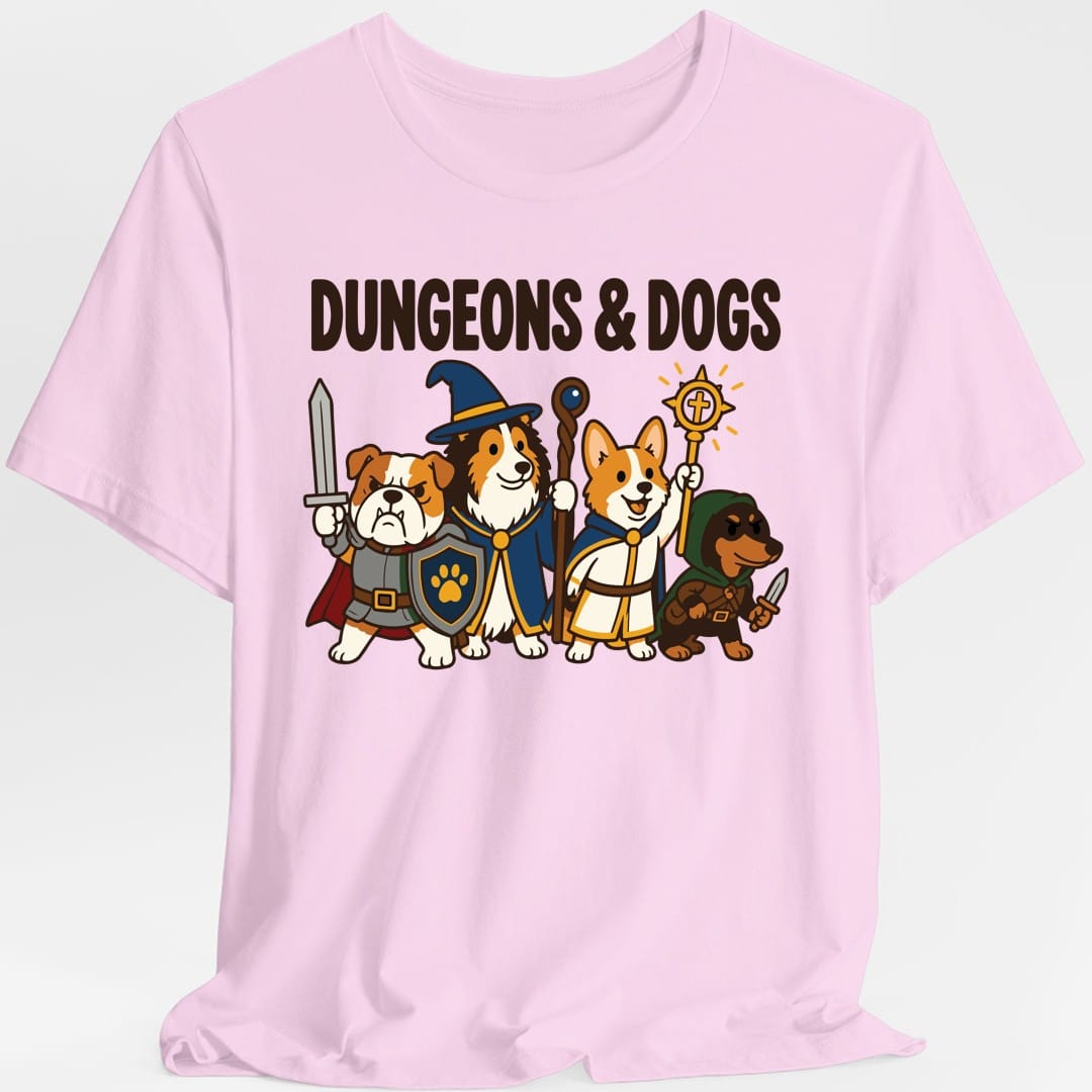 The same Dungeons and Dogs party design, on a light pink t-shirt.