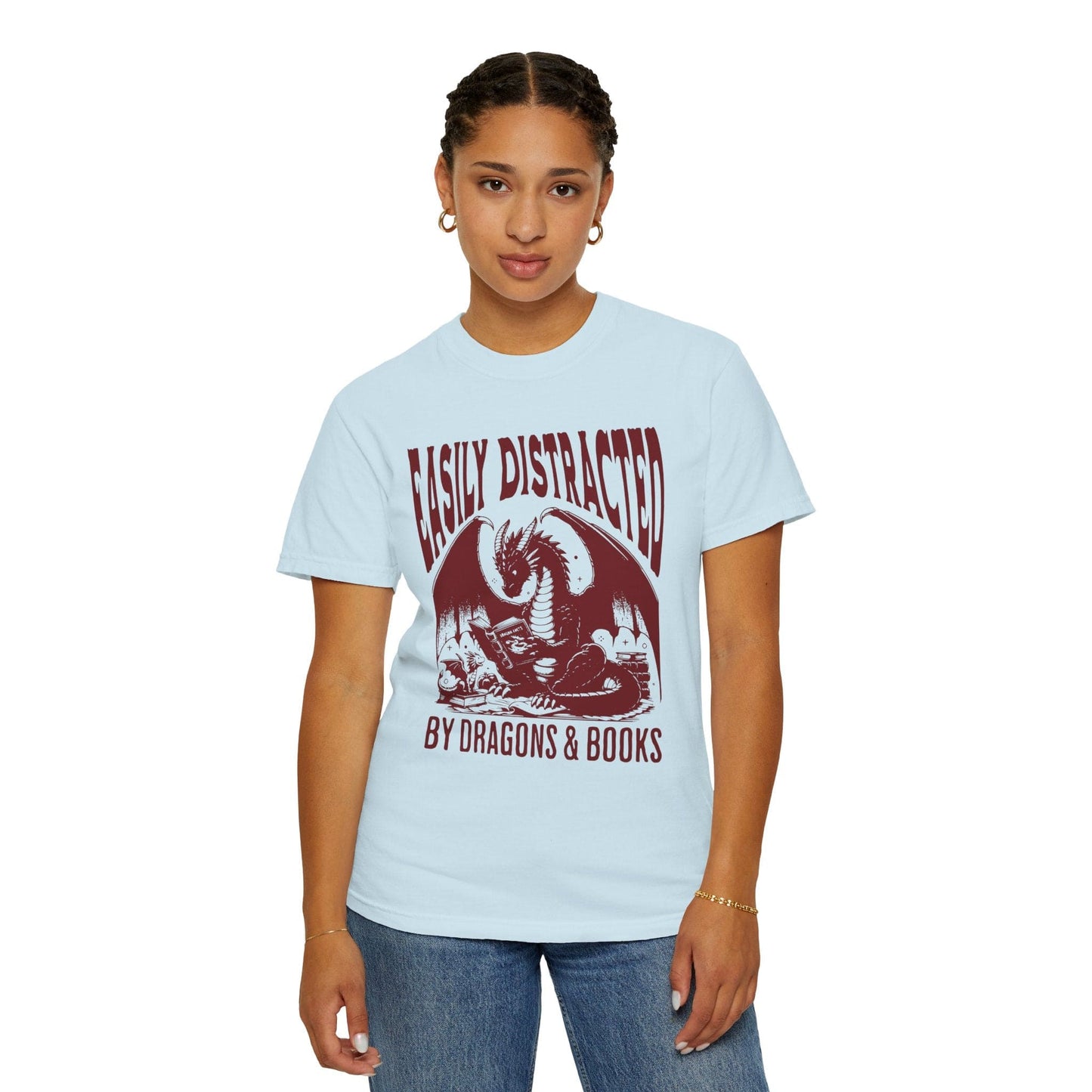 Printify T-Shirt Easily Distracted by Books & Dragons Shirt - Comfort Colors