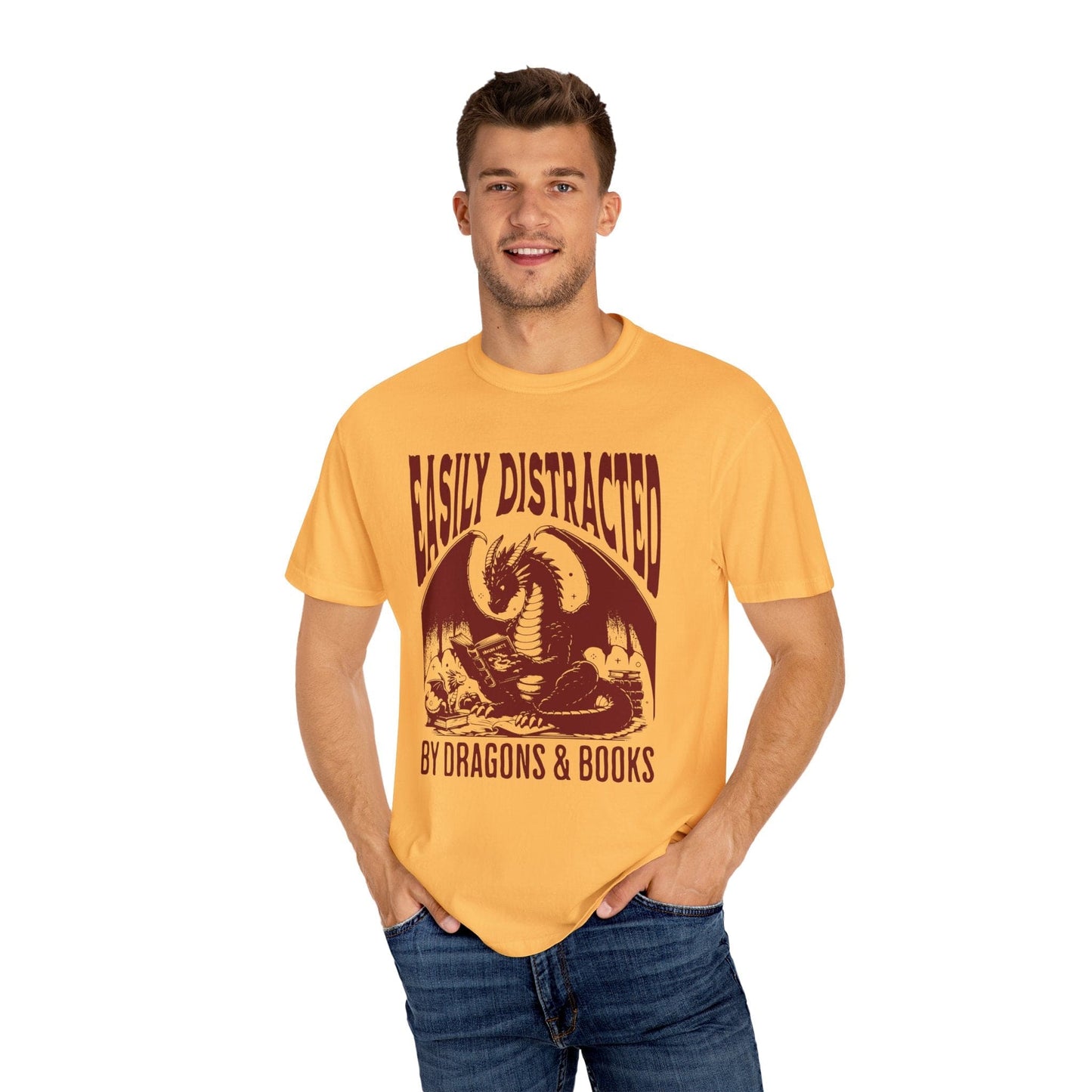 Printify T-Shirt Easily Distracted by Books & Dragons Shirt - Comfort Colors