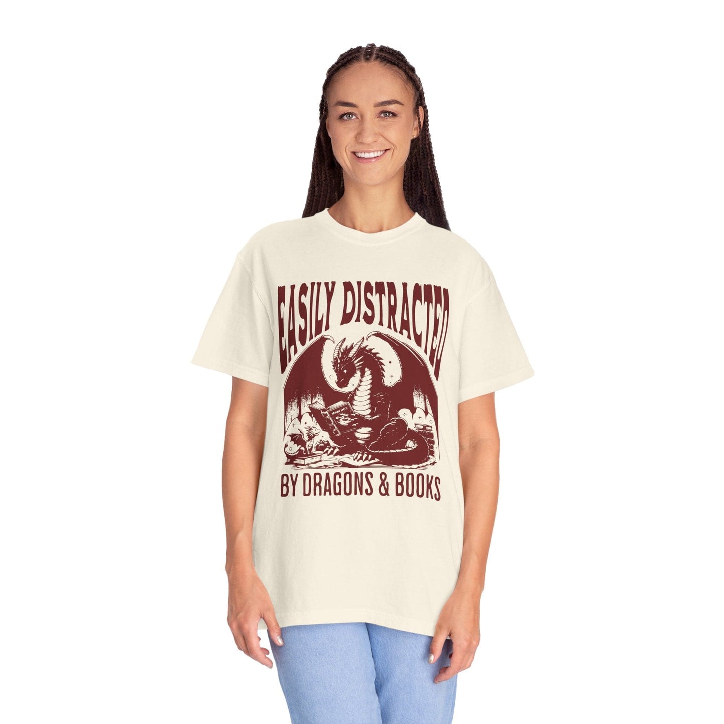 Printify T-Shirt Easily Distracted by Books & Dragons Shirt - Comfort Colors