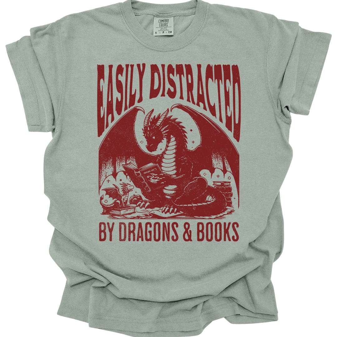 Printify T-Shirt Bay / S Easily Distracted by Books & Dragons Shirt - Comfort Colors