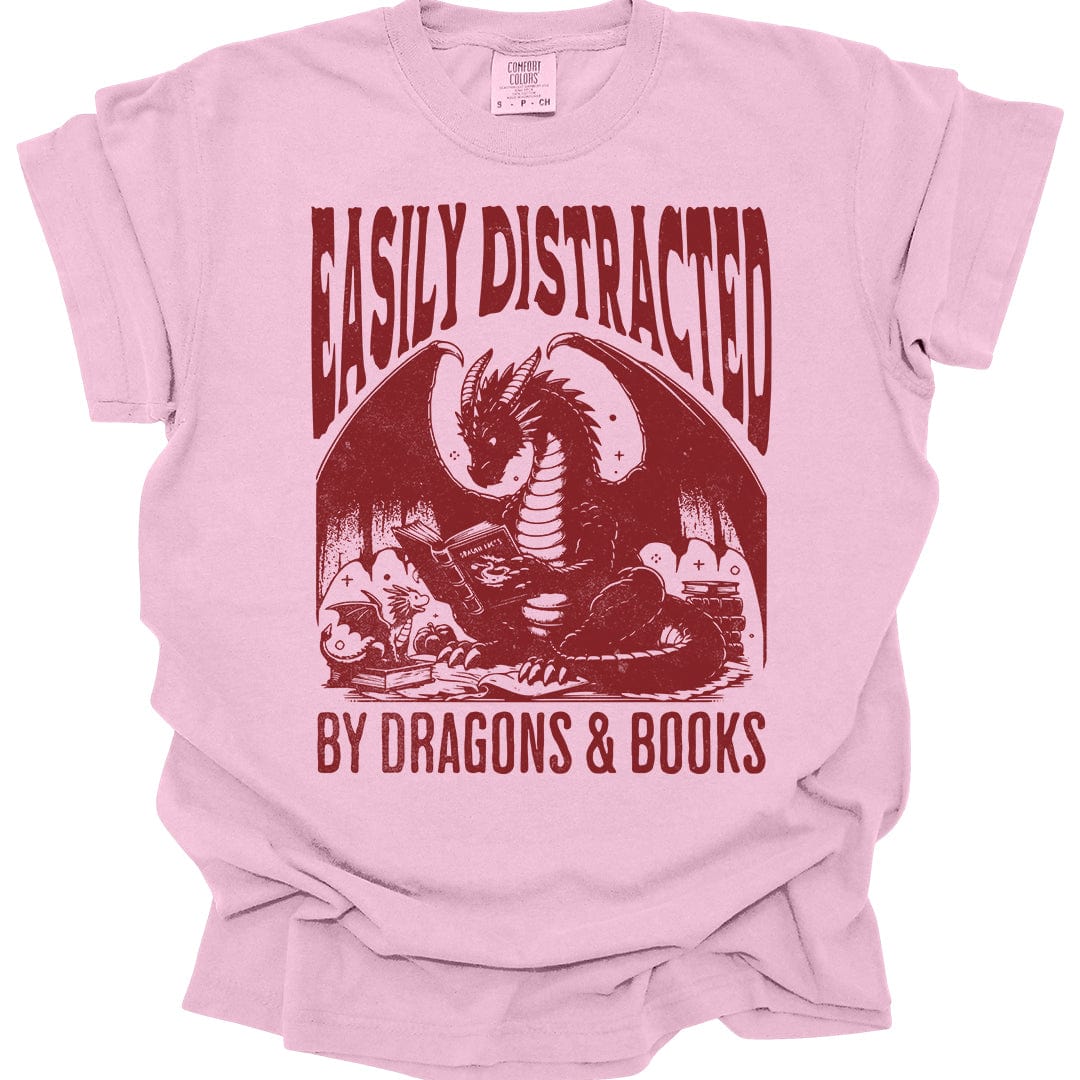 Printify T-Shirt Blossom / S Easily Distracted by Books & Dragons Shirt - Comfort Colors