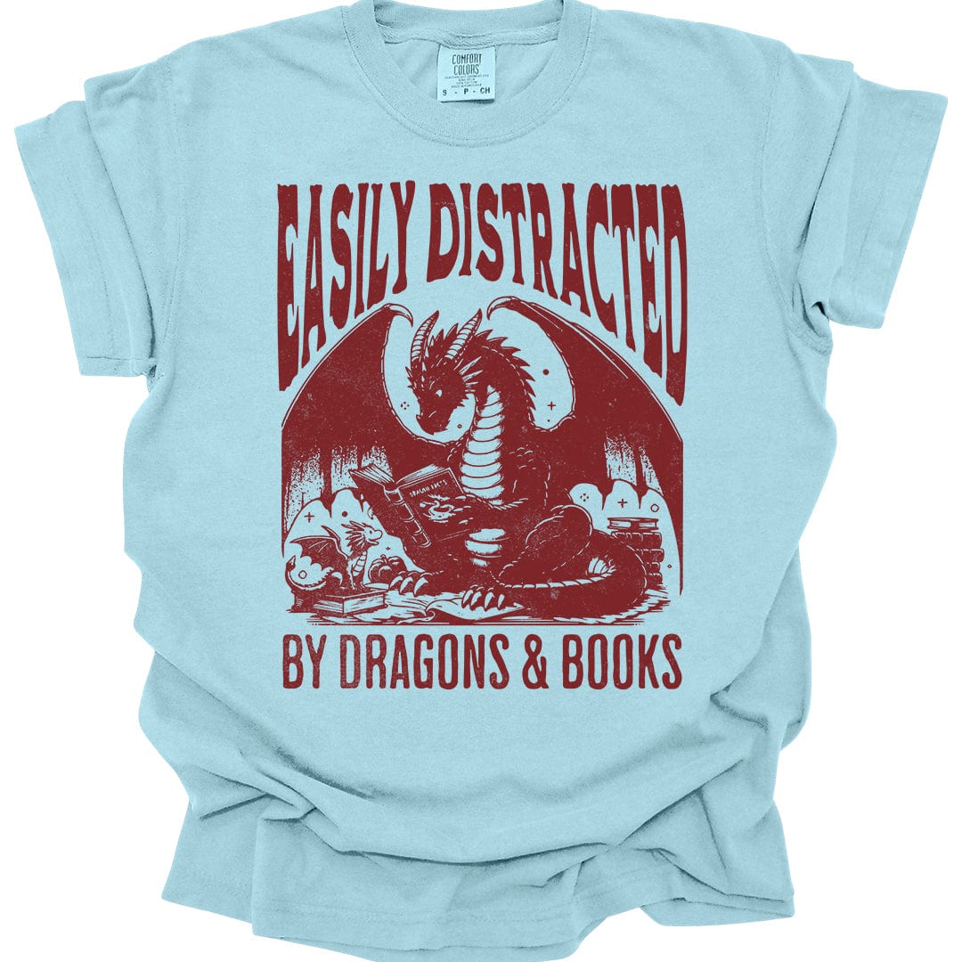 Printify T-Shirt Chambray / S Easily Distracted by Books & Dragons Shirt - Comfort Colors