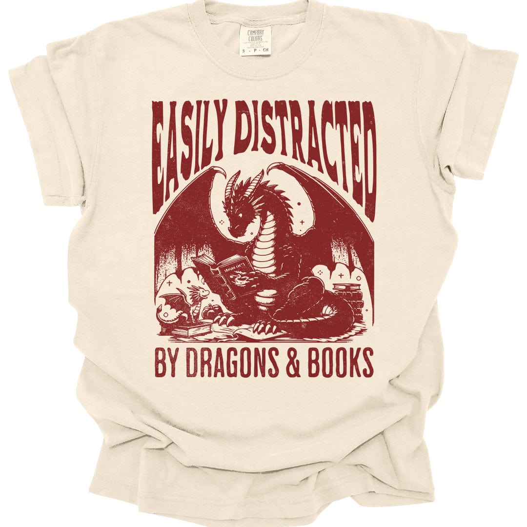 Printify T-Shirt Ivory / S Easily Distracted by Books & Dragons Shirt - Comfort Colors