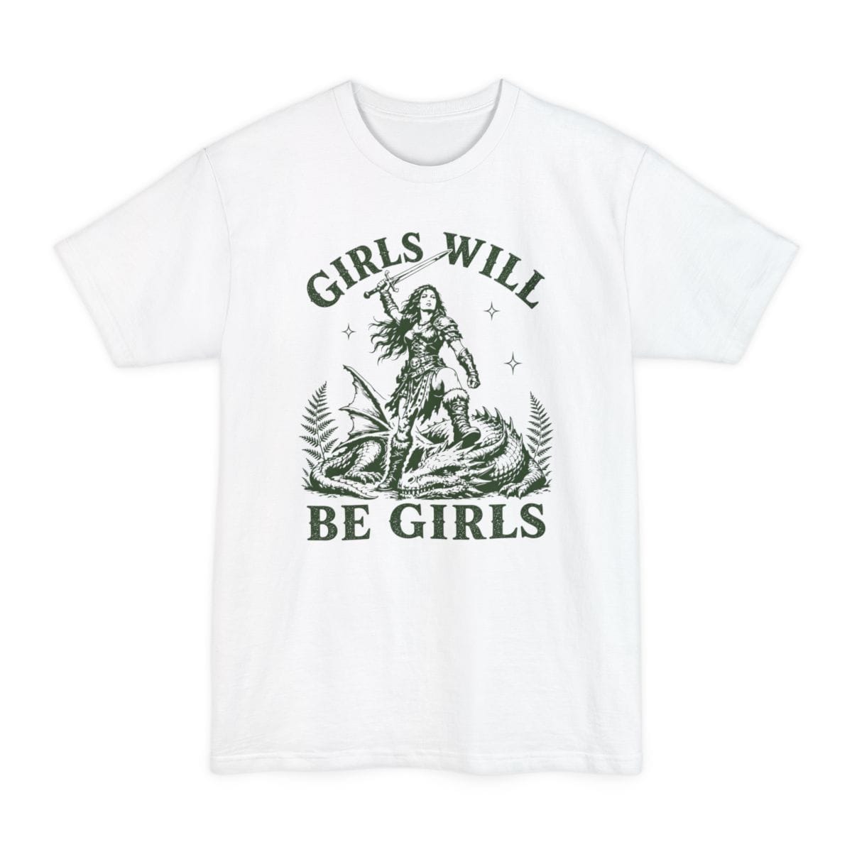The same Girls Will Be Girls dragon slayer design, on a white tall t-shirt.