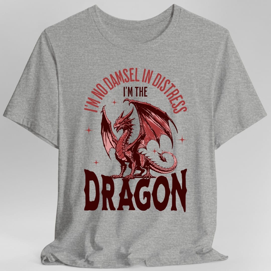 The same No Damsel In Distress dragon design, on a sport grey t-shirt.
