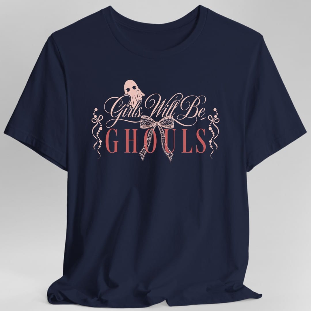 The same Girls Will Be Ghouls coquette design, on a navy t-shirt.