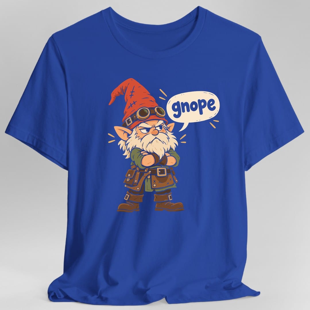 The same Gnope gnome design, on a royal t-shirt.