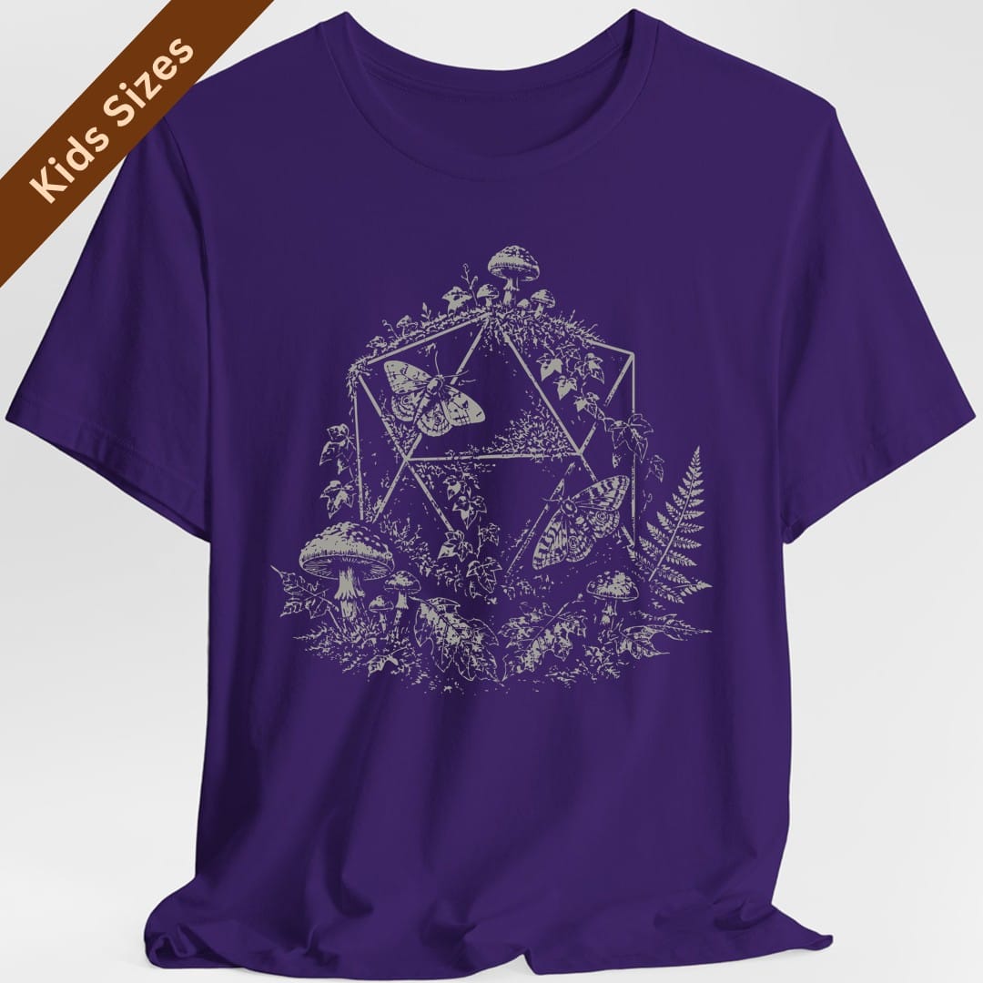 The same Goblincore D20 stipple design, on a purple kids t-shirt.