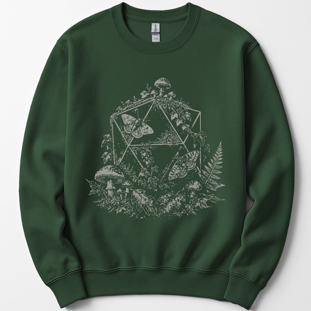 The same Goblincore D20 stipple design, on a forest green sweatshirt.