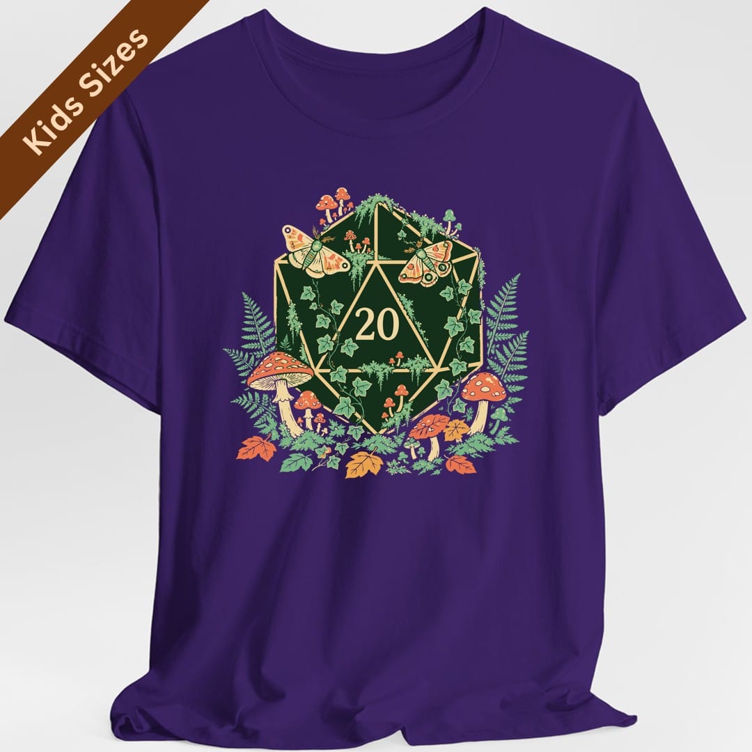 The same Goblincore D20 color design, on a purple kids t-shirt.