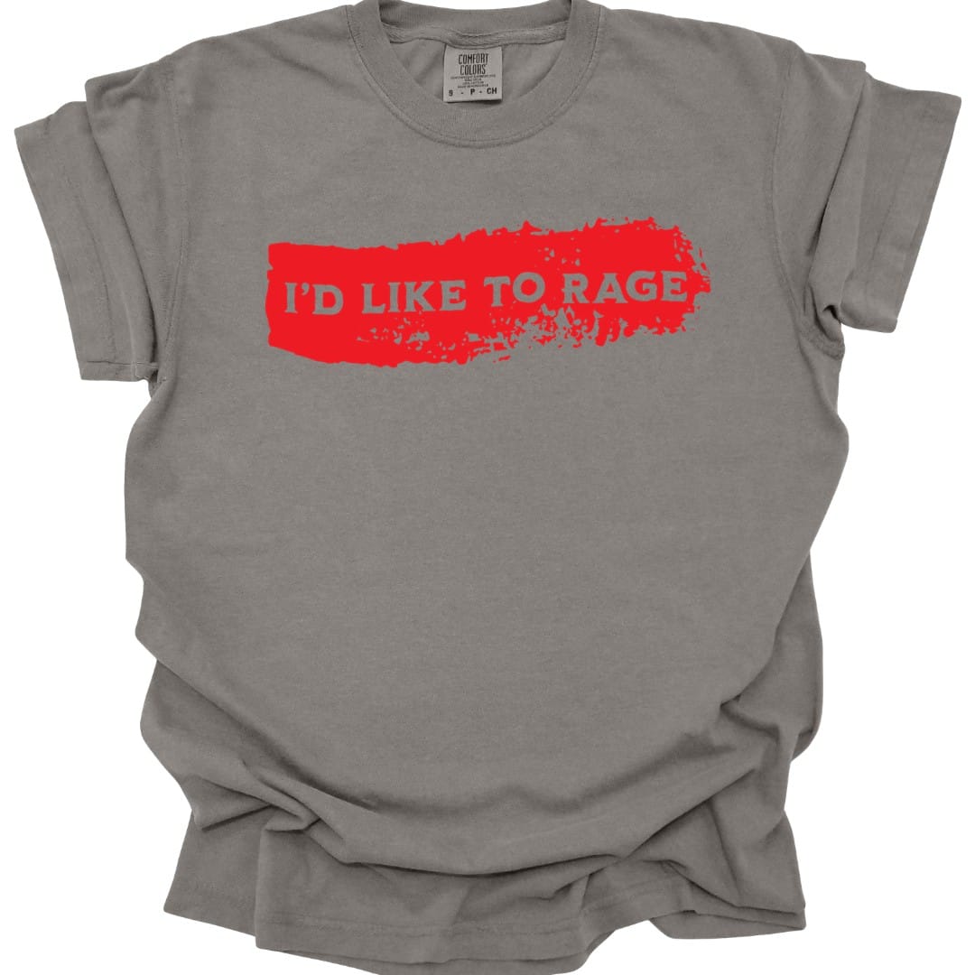 The same I'd Like to Rage bloodstain design, on a grey t-shirt.