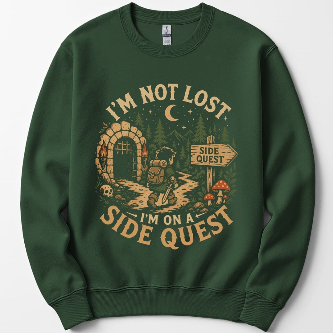 The same Side Quest dungeon scene design, on a forest green sweatshirt.