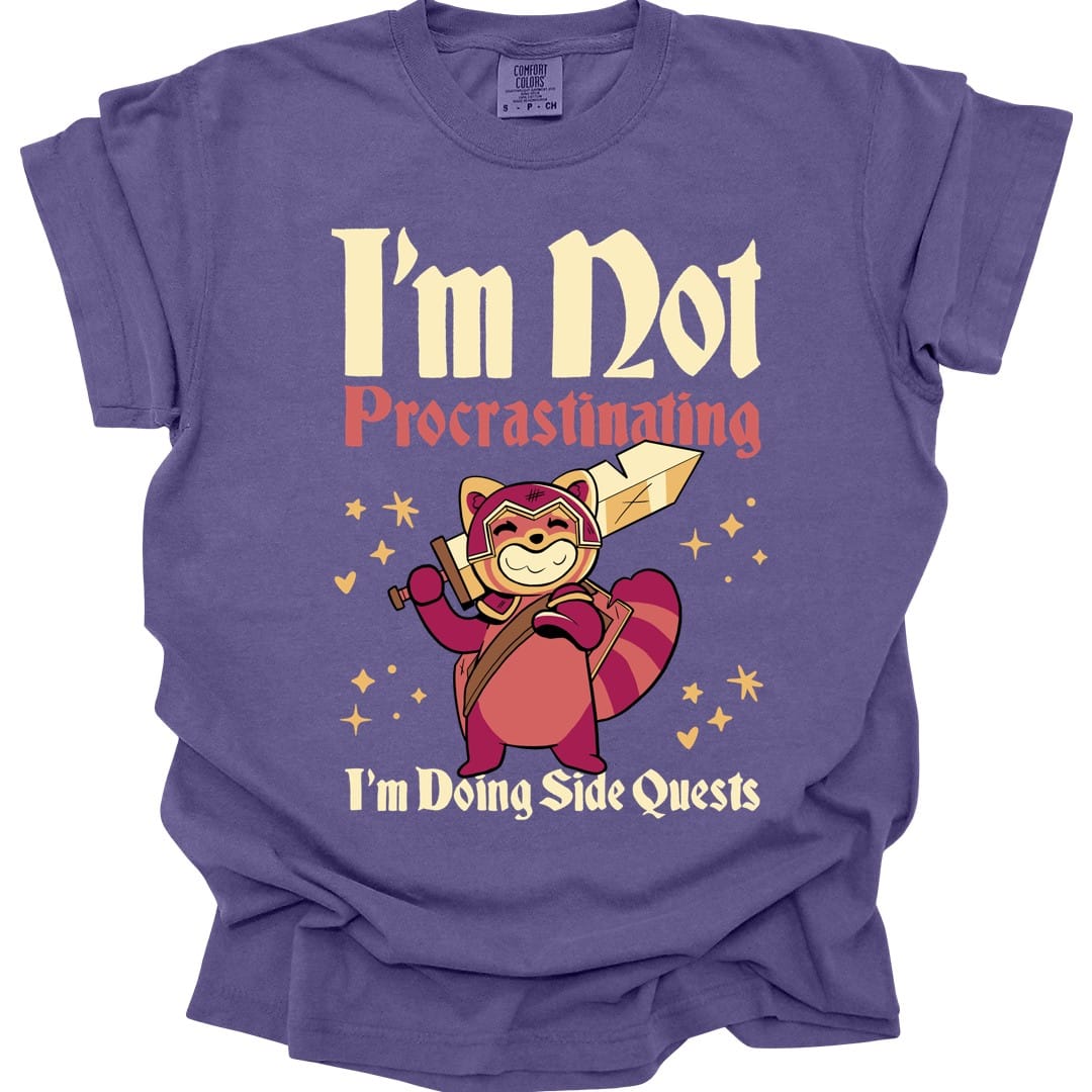 The same Not Procrastinating red panda design, on a grape t-shirt.
