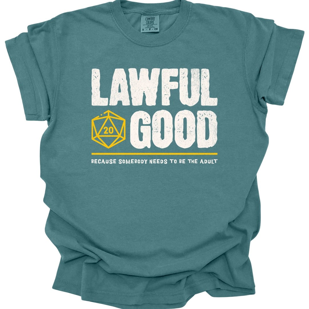 The same Lawful Good alignment design, on a blue spruce t-shirt.