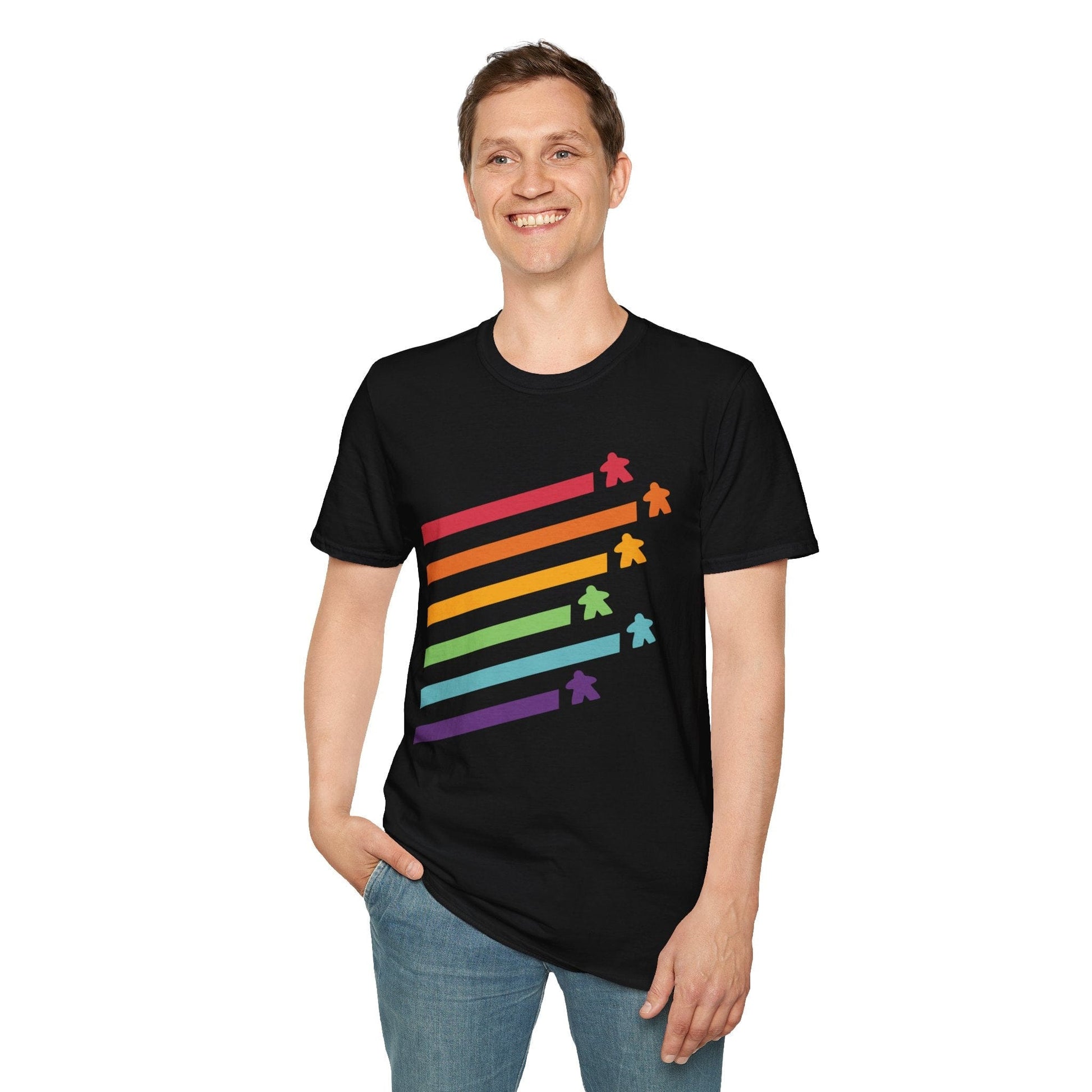 Printify T-Shirt Meeple Shirt - Retro Rainbow Board Game Shirt