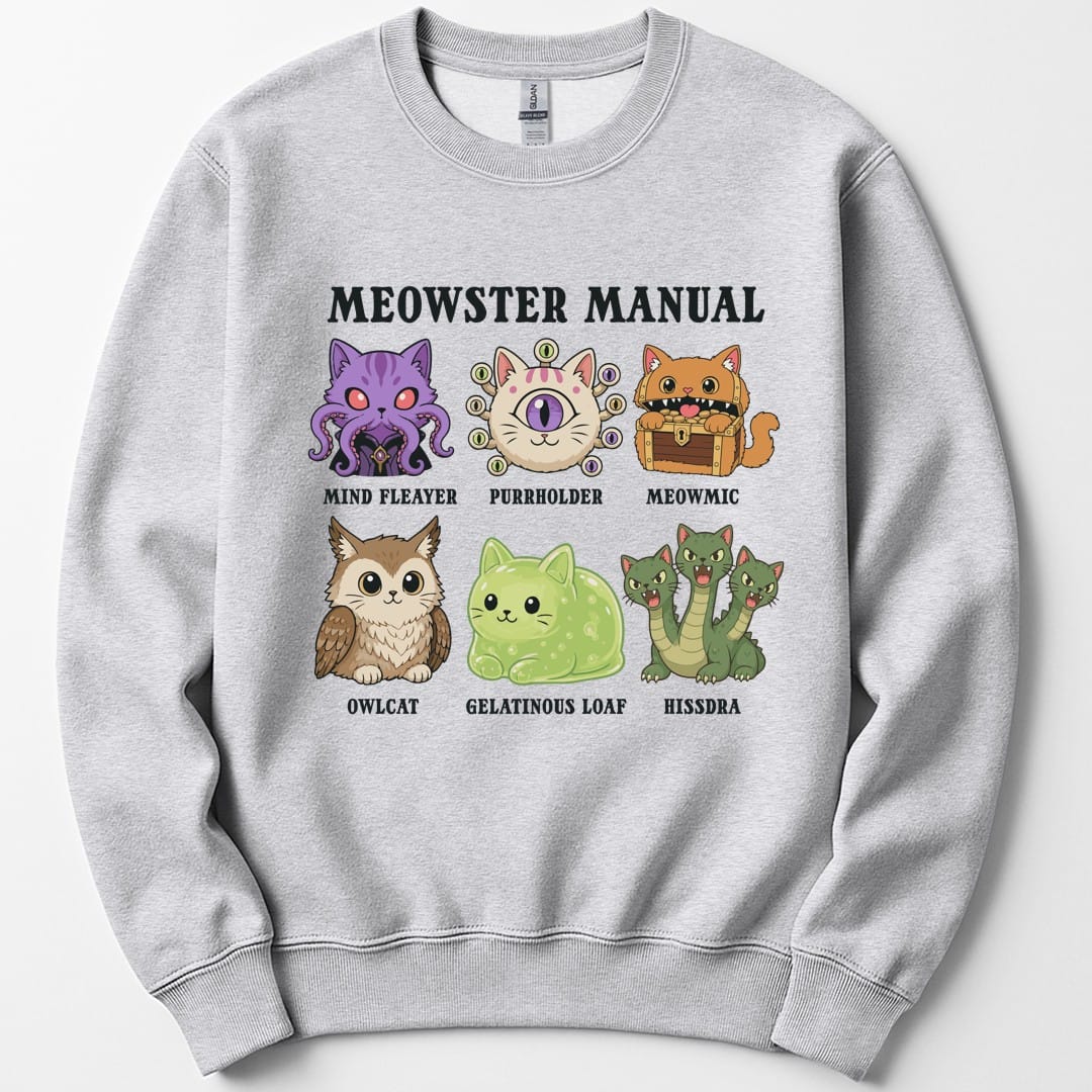 The same Meowster Manual design, on an ash sweatshirt.