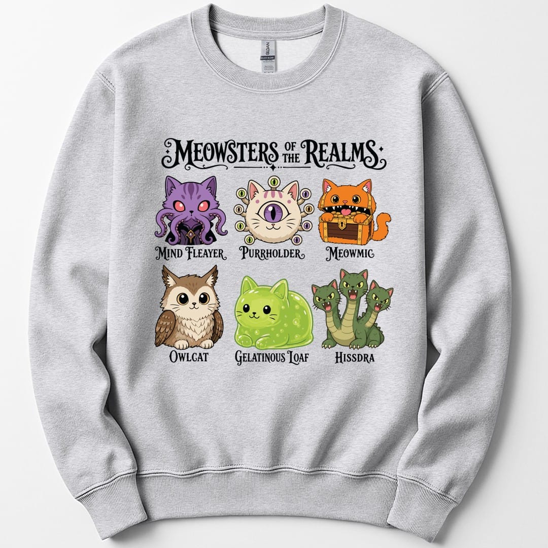 The same Meowsters of the Realms design, on an ash sweatshirt.