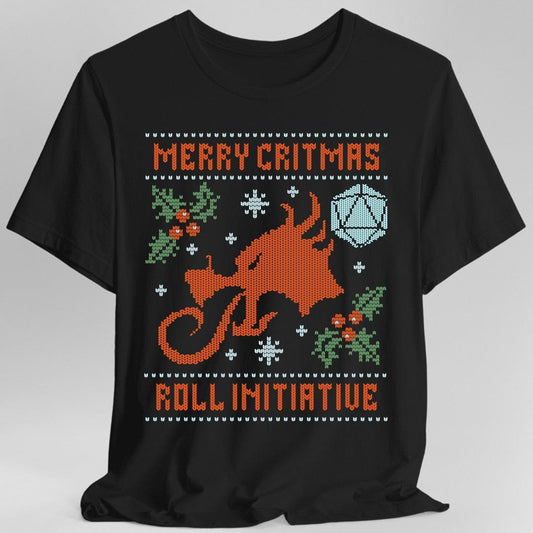 Printify T-Shirt Black / S Merry Critmas Ugly Sweater T-shirt Roll Initiative