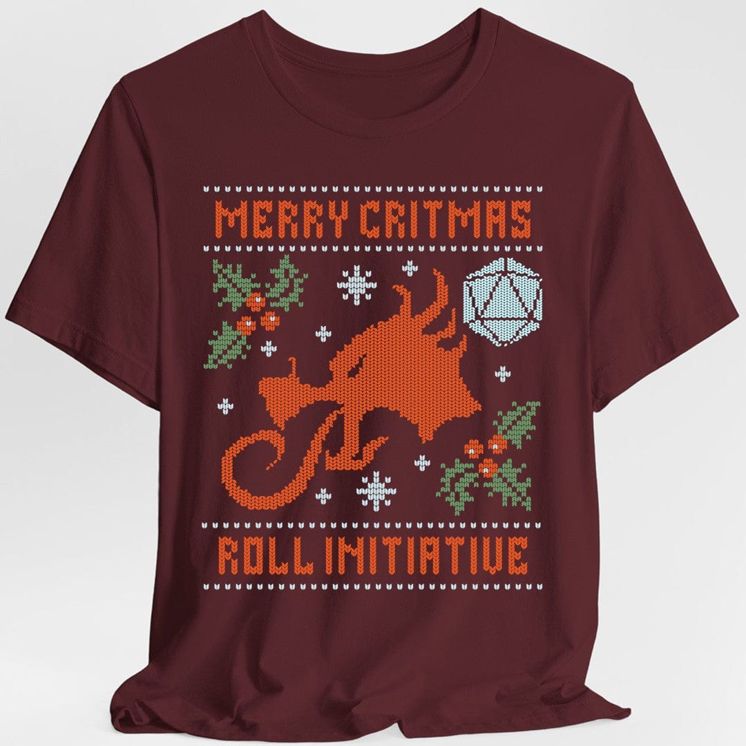 Printify T-Shirt Maroon / S Merry Critmas Ugly Sweater T-shirt Roll Initiative