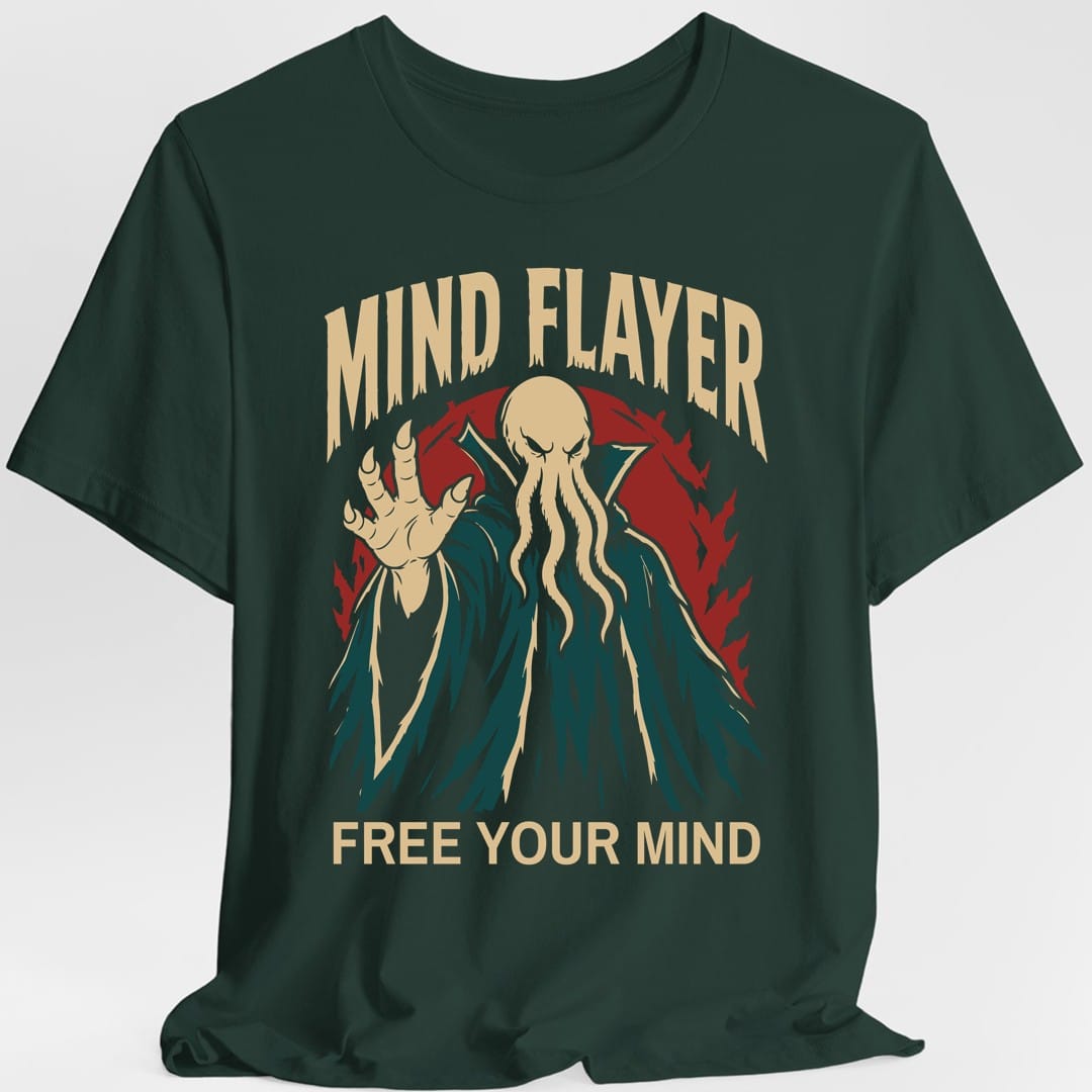 The same Mind Flayer design, on a forest green t-shirt.