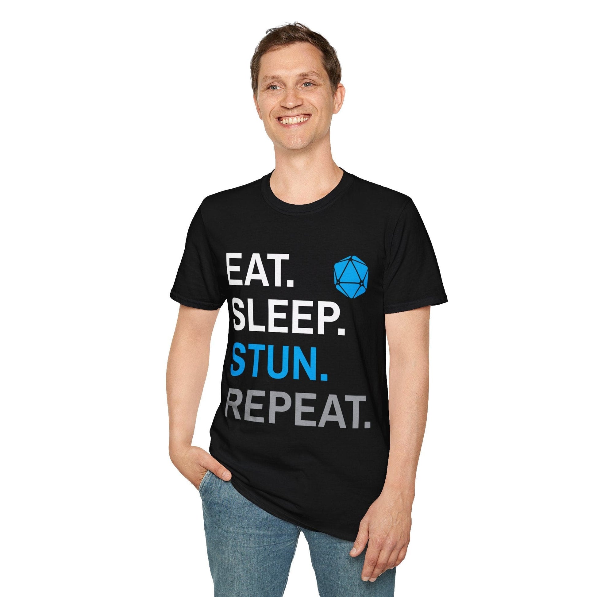 Printify T-Shirt Monk Class T-Shirt – 'Eat, Sleep, Stun, Repeat'
