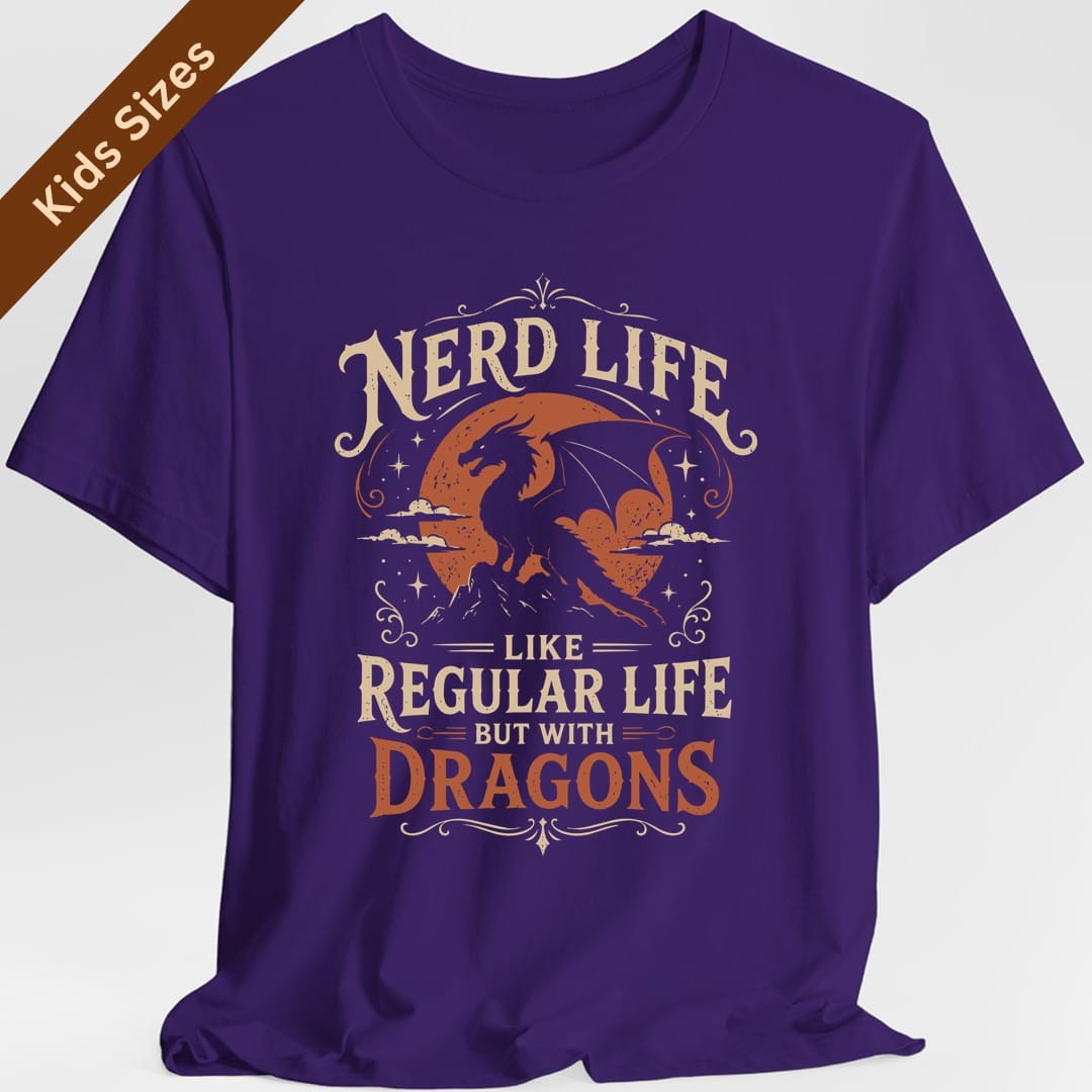 The same Nerd Life design, on a purple kids t-shirt.