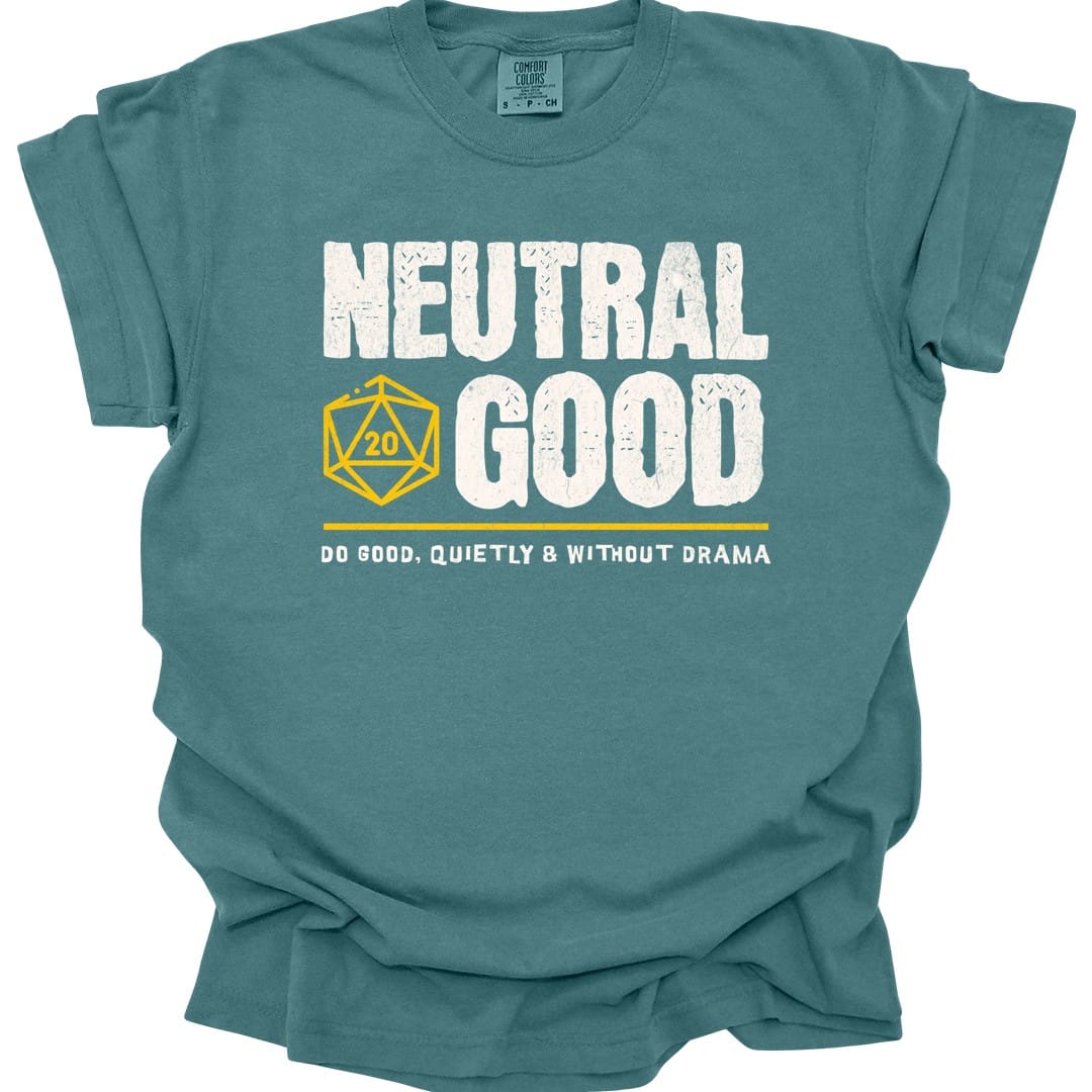 The same Neutral Good alignment design, on a blue spruce t-shirt.
