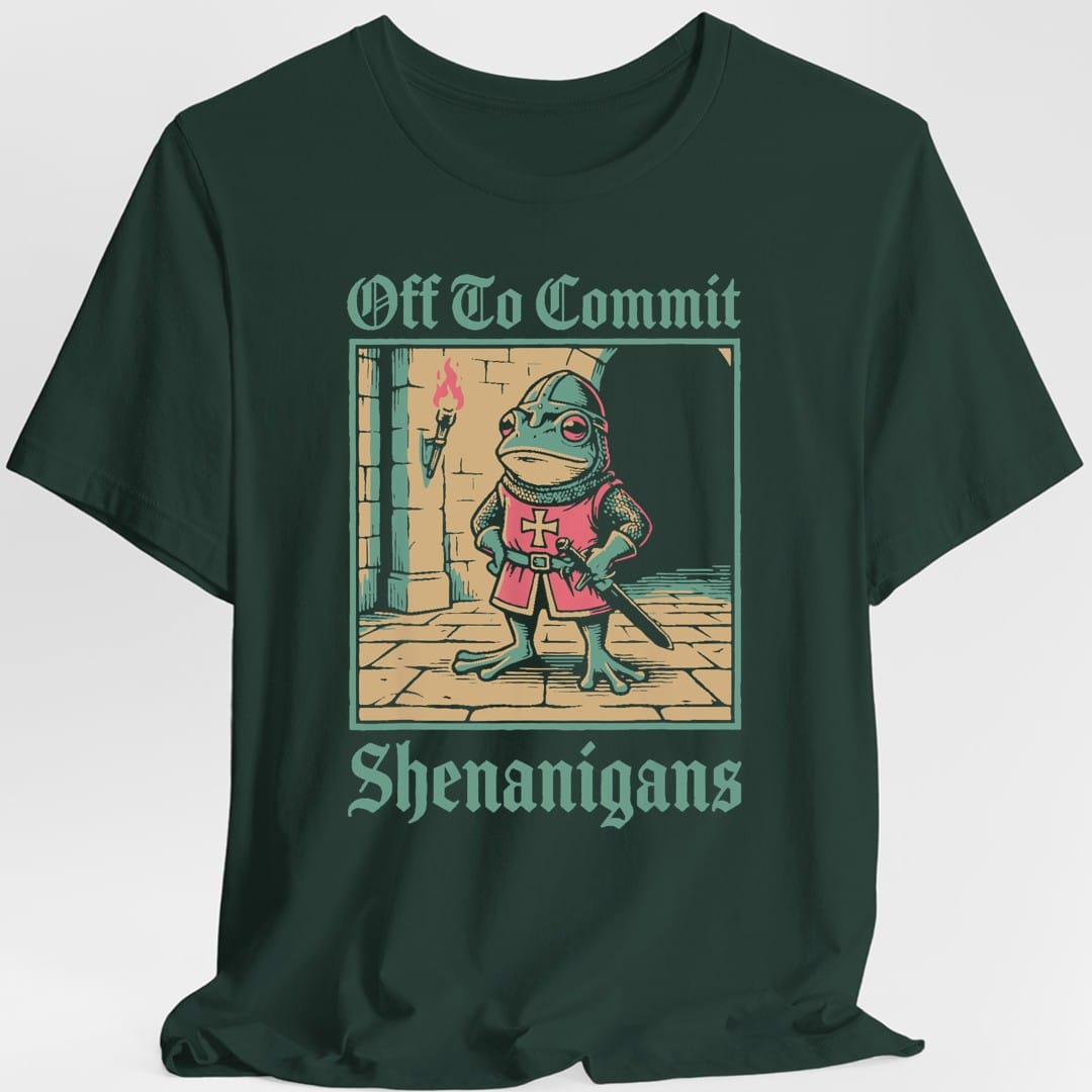 The same Shenanigans Frog knight design, on a forest green t-shirt.
