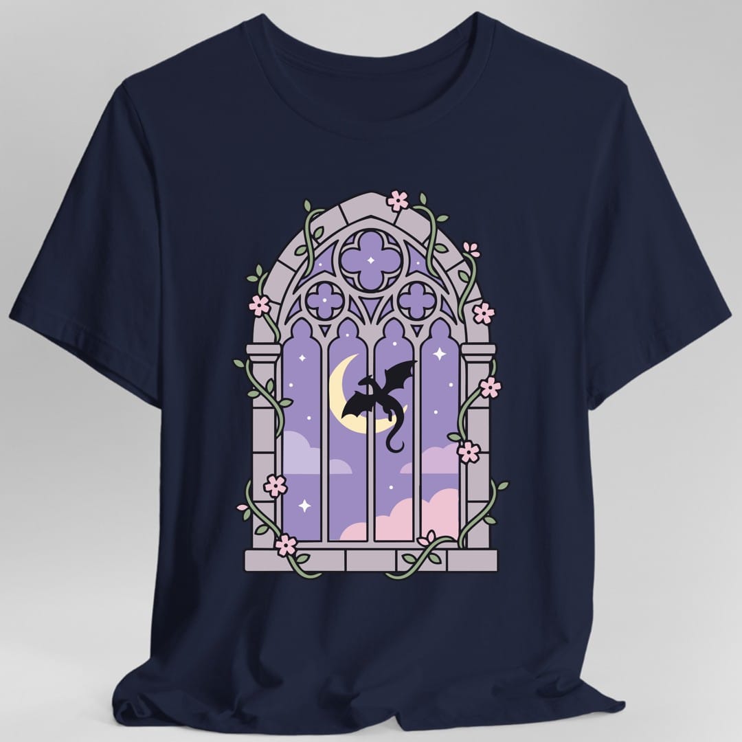 The same Pastel Dragon Window design, on a navy t-shirt.