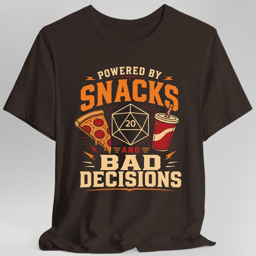 Printify T-Shirt Dark Chocolate / S Powered By Snacks And Bad Decisions T-Shirt