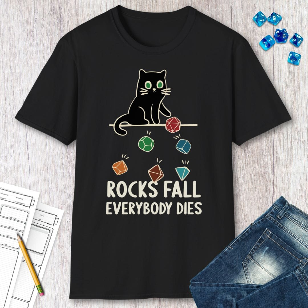 Printify T-Shirt Rocks Fall Everybody Dies Cat Dice T-Shirt