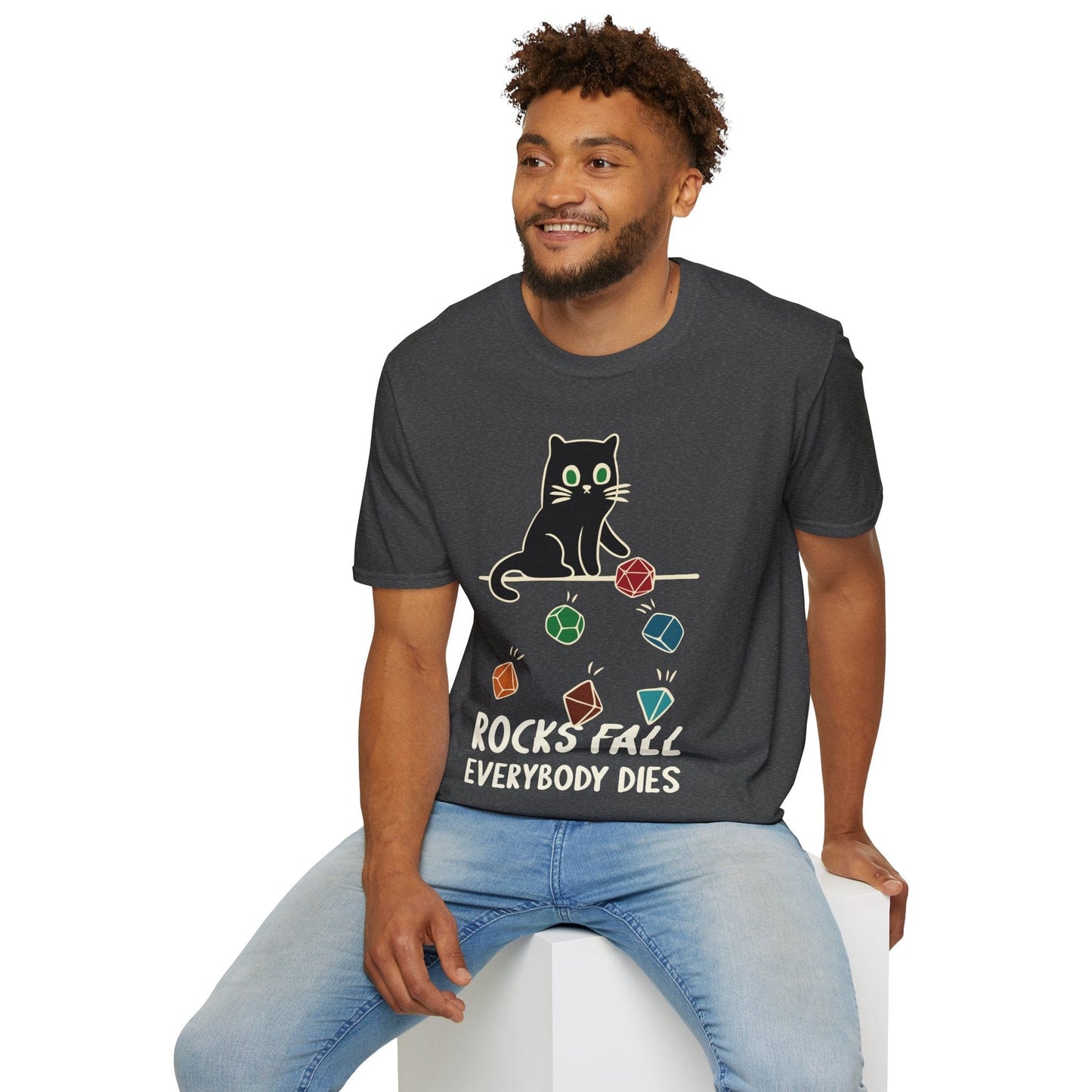 Printify T-Shirt Rocks Fall Everybody Dies Cat Dice T-Shirt