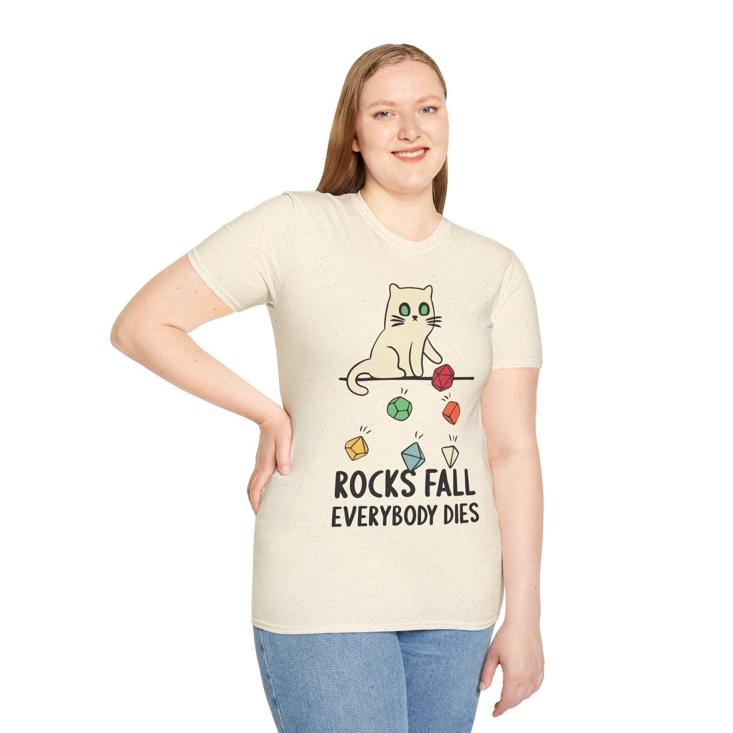 Printify T-Shirt Rocks Fall Everybody Dies Cat Dice T-Shirt