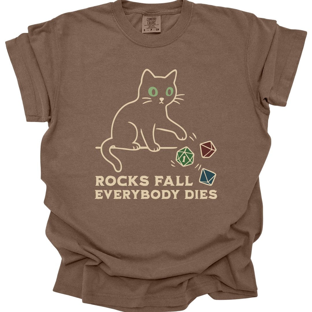 Printify T-Shirt Rocks Fall Everybody Dies Cat Dice T-Shirt - Comfort Colors