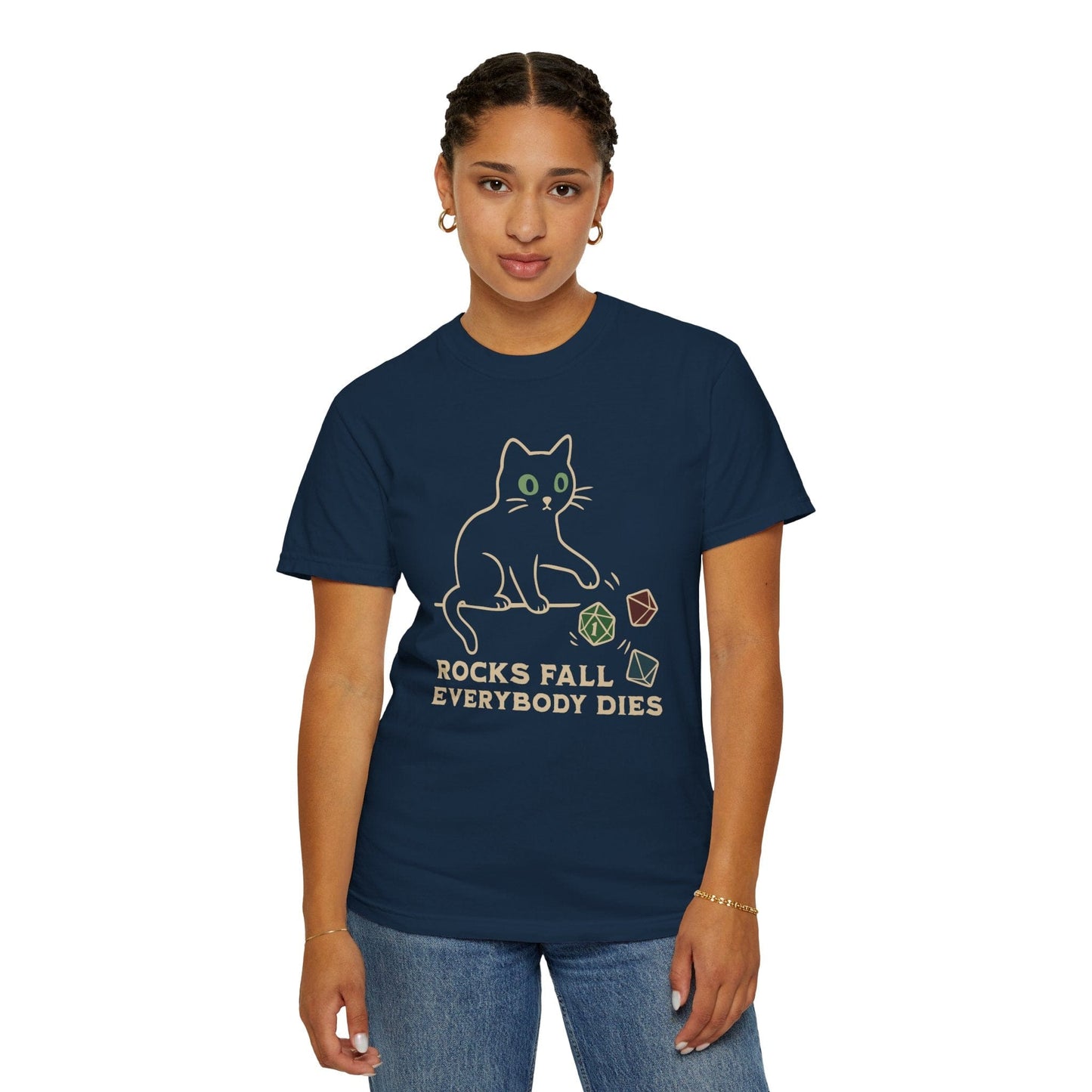 Printify T-Shirt Rocks Fall Everybody Dies Cat Dice T-Shirt - Comfort Colors