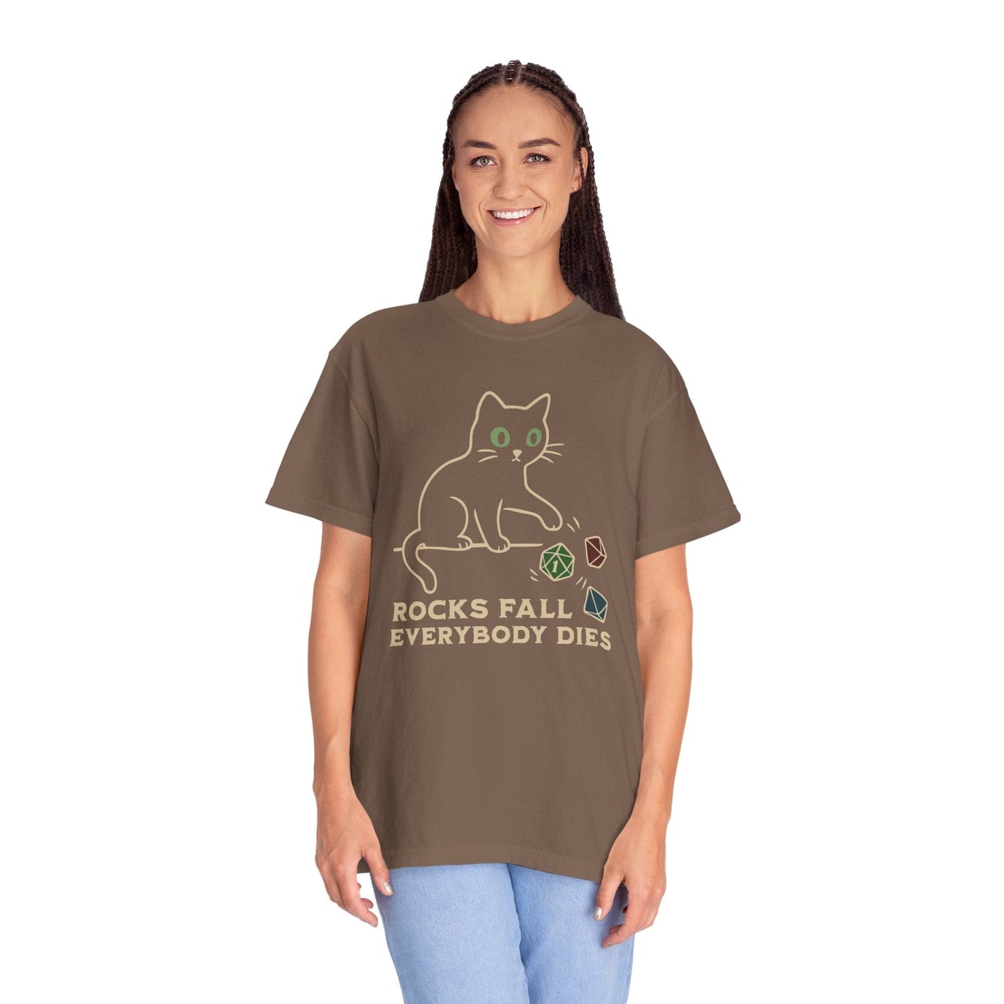 Printify T-Shirt Rocks Fall Everybody Dies Cat Dice T-Shirt - Comfort Colors
