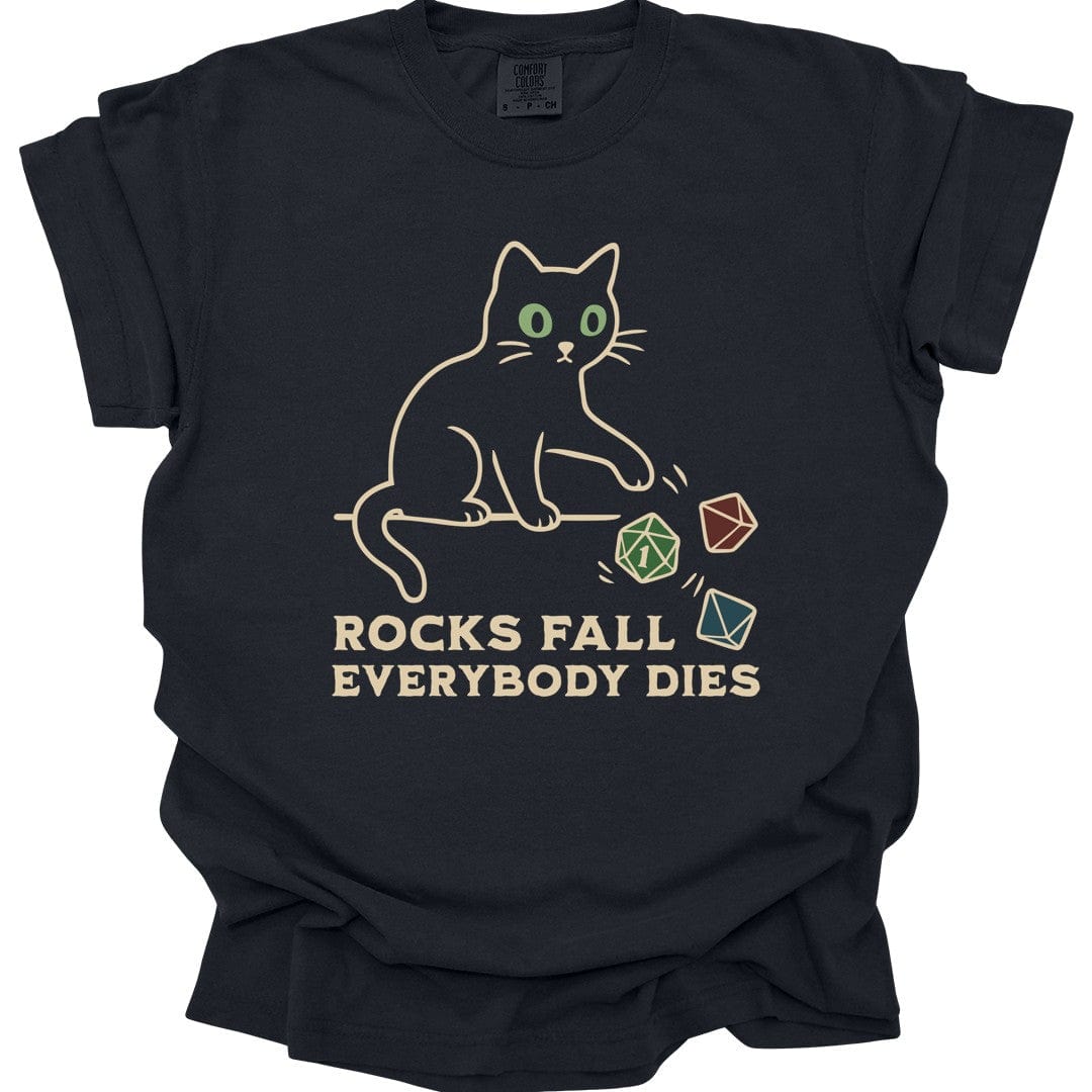 Printify T-Shirt Black / S Rocks Fall Everybody Dies Cat Dice T-Shirt - Comfort Colors