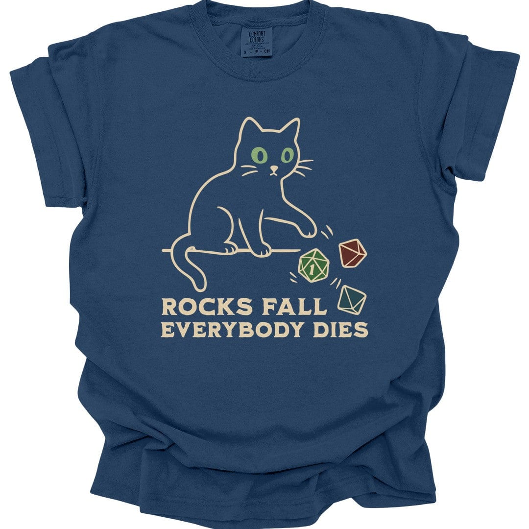 Printify T-Shirt True Navy / S Rocks Fall Everybody Dies Cat Dice T-Shirt - Comfort Colors