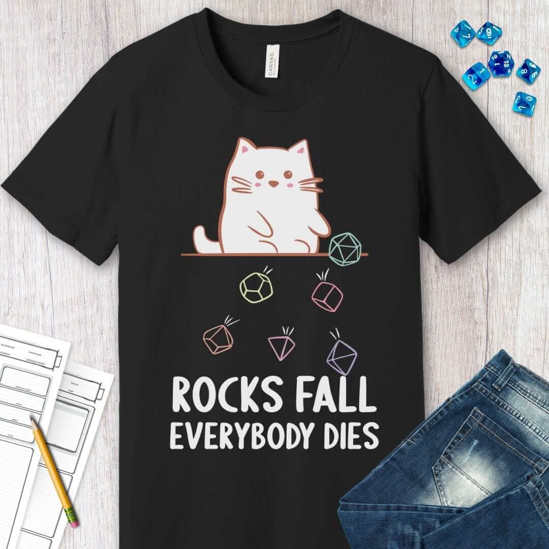 Printify T-Shirt Rocks Fall Everybody Dies Kawaii Cat T-Shirt