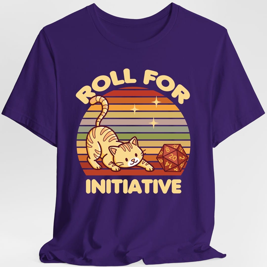 The same Roll For Initiative kawaii cat design, on a purple t-shirt.