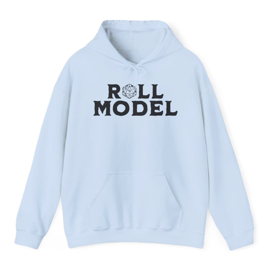 The same Roll Model design, on a light blue hoodie.