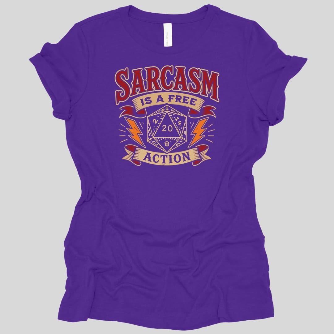 The same Sarcasm Is A Free Action design, on a team purple women's t-shirt.