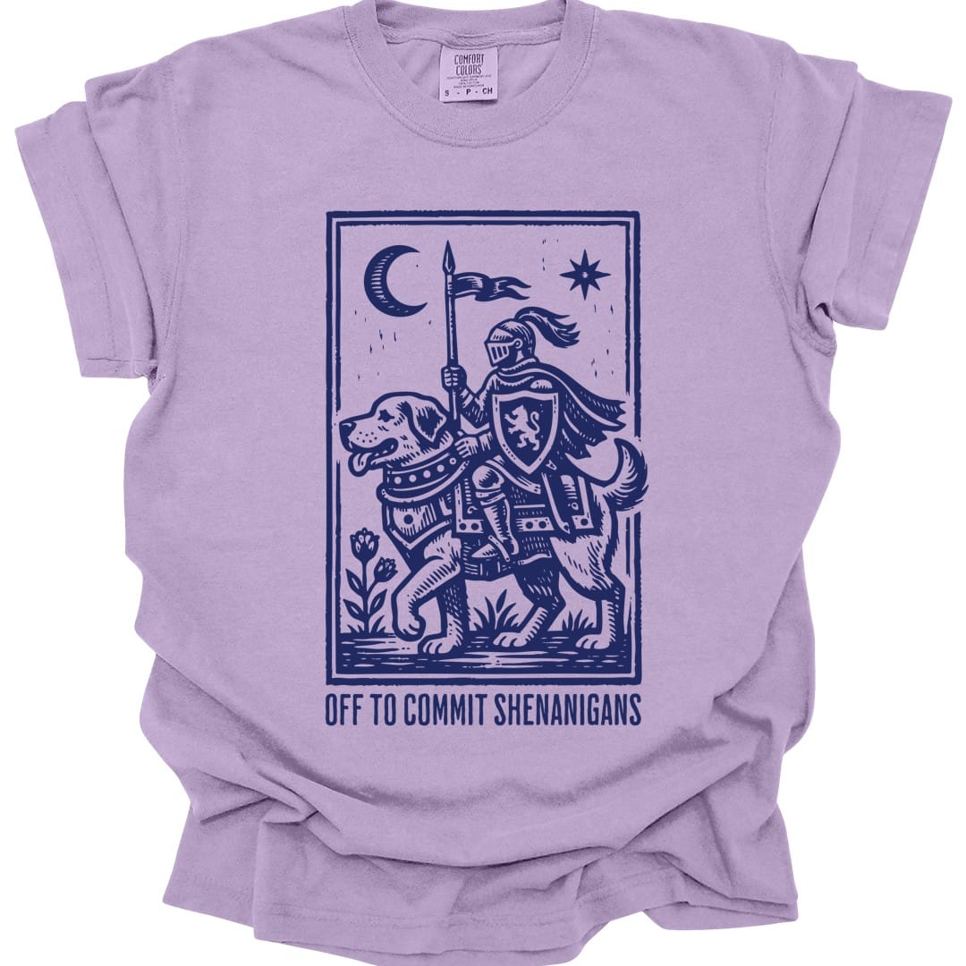 The same Off To Commit Shenanigans design, on an orchid t-shirt.
