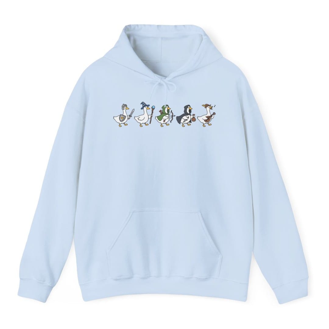 The same Silly Goose Adventurers design, on a light blue hoodie.