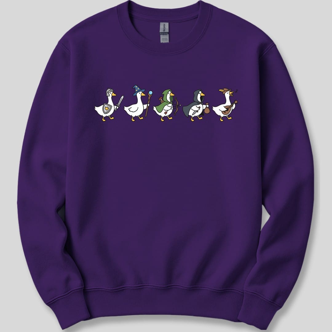 The same Silly Goose Adventurers design, on a purple sweatshirt.